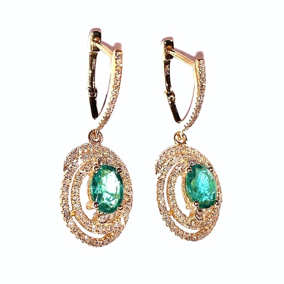 Vintage Jewelry - BEAUTIFUL 18K NATURAL EMERALD DIAMOND 18KT YELLOW GOLD HOOP DANGLE EARRINGS